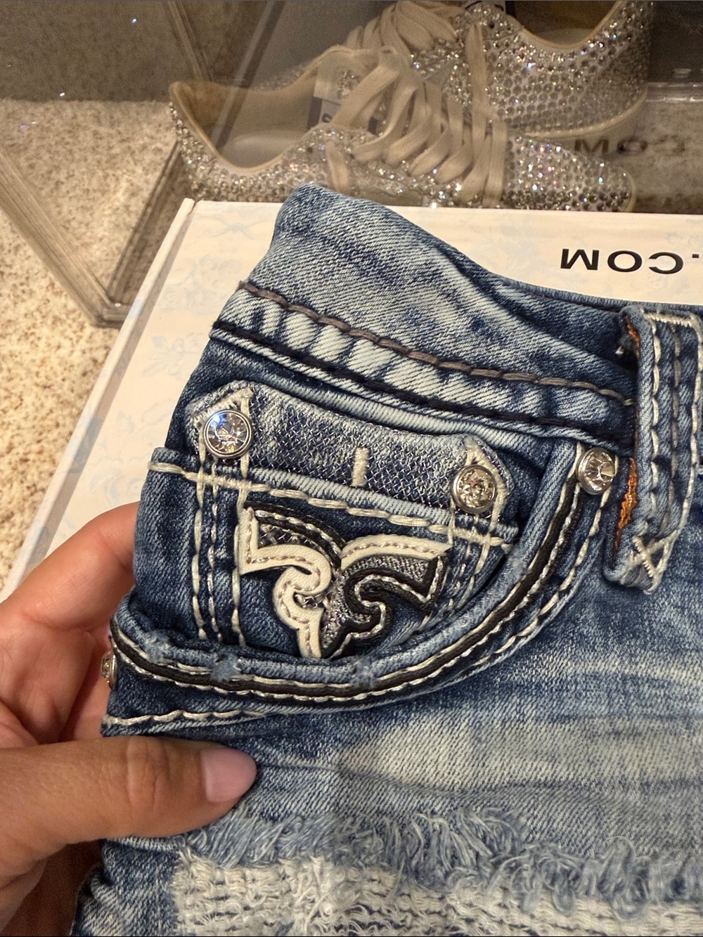 Rock Revival Blue Distressed Embroidered Denim Shorts - Picture 3 of 6